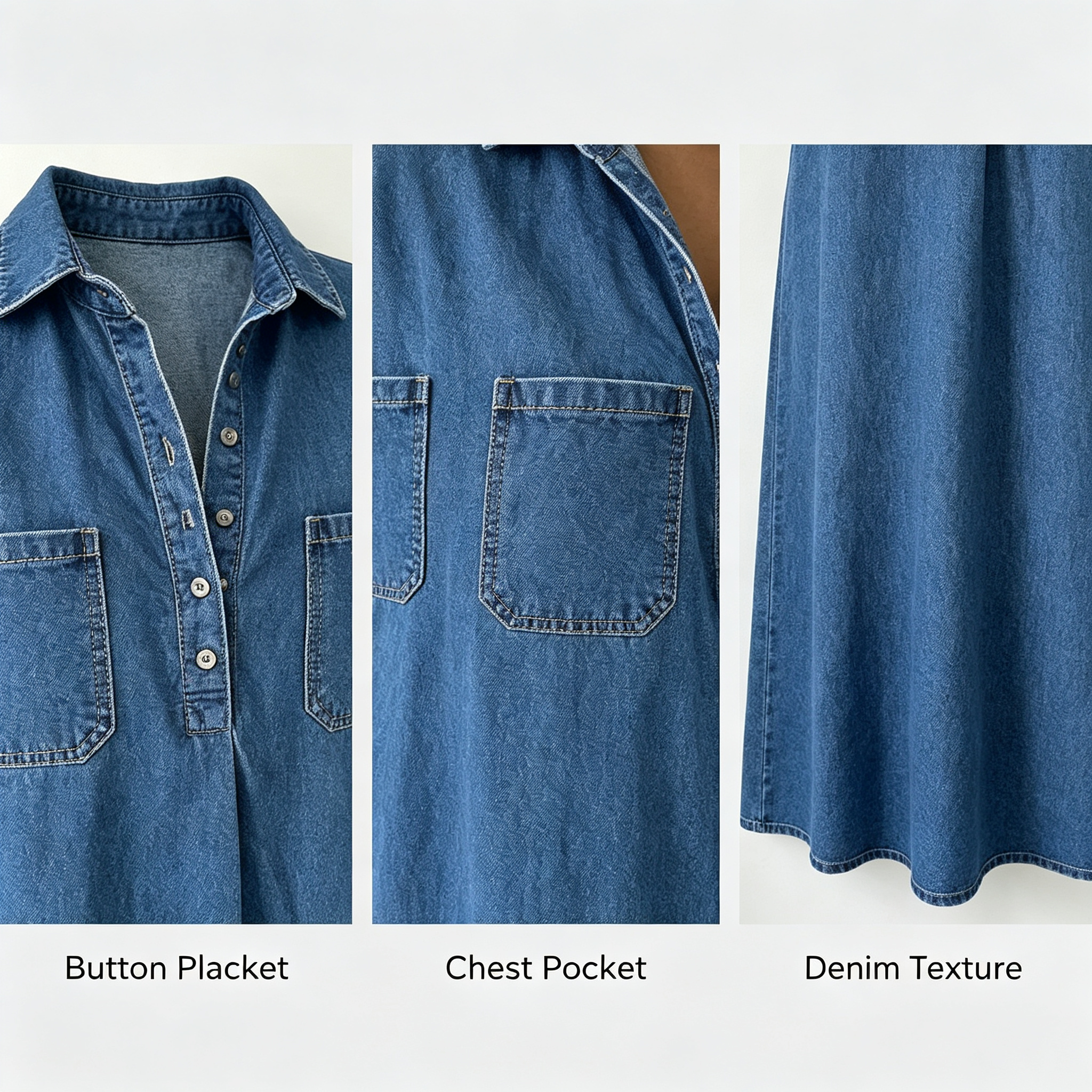 Loose Fit Collared Denim Midi Dress | Casual Pocket Shirt Dress